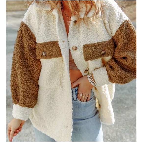 Cozy color Block Button down Pockets Oversized Jacket Shacket - Picture 2 of 6